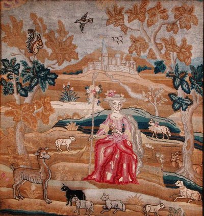 Brodert panel som viser en gjeterinne foran en landsby (silke) av English School