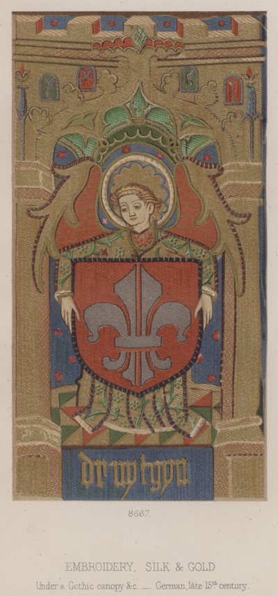 Broderi, silke og gull, under en gotisk baldakin etc., tysk, sent 1400-tall (fargelitografi) av English School