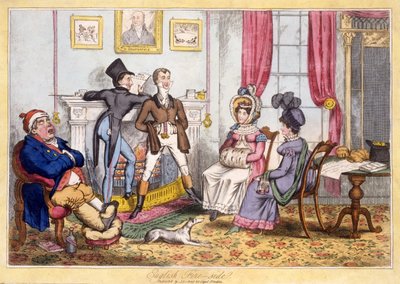 Engelsk Fireside, pub. J. lePetit, Dublin, ca. 1820 (håndfarget gravering) av English School