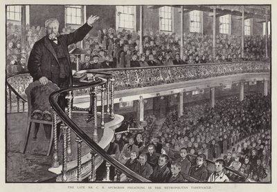 Engelsk spesiell baptistpredikant Charles Haddon Spurgeon forkynner ved Metropolitan Tabernacle, London (litho) av English School