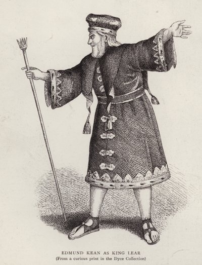 Den engelske skuespilleren Edmund Kean i tittelrollen i Shakespeares King Lear (litho) av English School