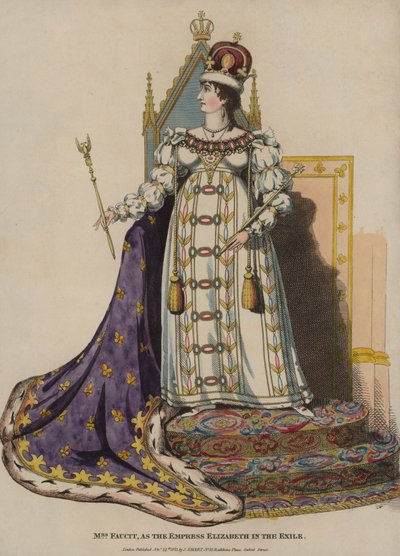 Den engelske skuespillerinnen Harriet Faucit som keiserinne Elizabeth i The Exile (farget gravering) av English School