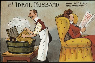 Engelsk tegneserie (ideell ektemann): den ideelle ektemannen (som gjør all klesvasken) - postkort, n.d., rundt 1920. av English School