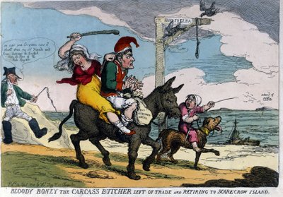 Engelsk tegneserie om eksilet til keiser Napoleon I representerer på et esel på vei til Elba. 04/1814. av English School