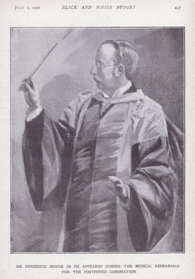 Engelsk komponist, organist og dirigent Sir Frederick Bridge øver for den utsatte kroningen av kong Edward VII av English School