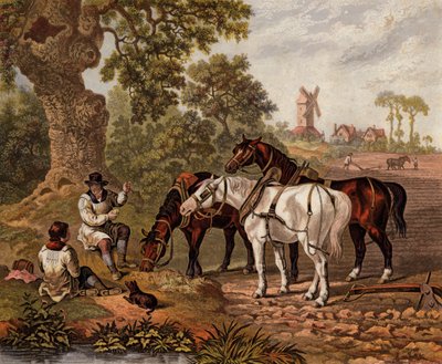 Engelske bønder som pløyer (farget gravering) av English School