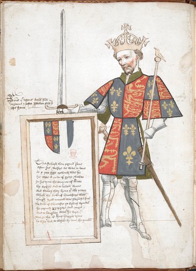 Engelsk konge i rustning og tabard (Richard II) overrekker en plakett med vers. av English School