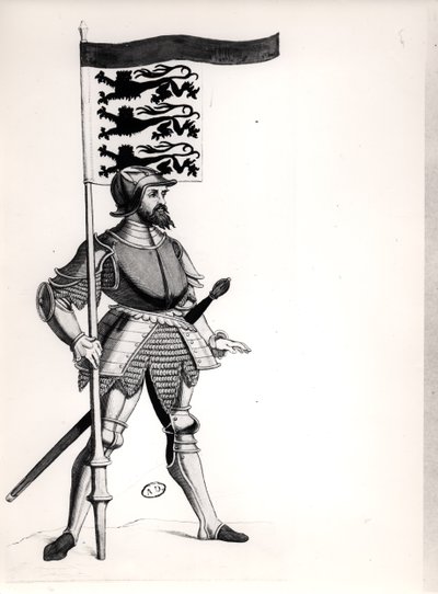 Englischer Soldat hält ein Banner mit den drei Löwen von England von English School