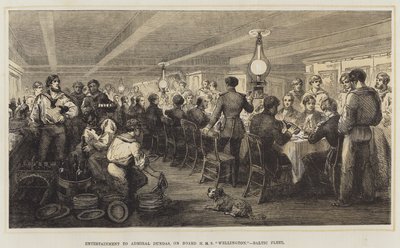 Underholdning til admiral Dundas, om bord på HMS "Wellington," Baltic Fleet (farge litho) av English School