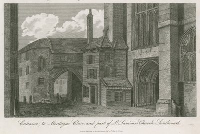 Inngang til Montague Close og en del av St Savios Church, Southwark, Surrey av English School