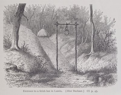 Inngang til en fetisjhytte i Lunda, fra The History of Mankind, Vol.1, av Prof. Friedrich Ratzel, 1896 av English School