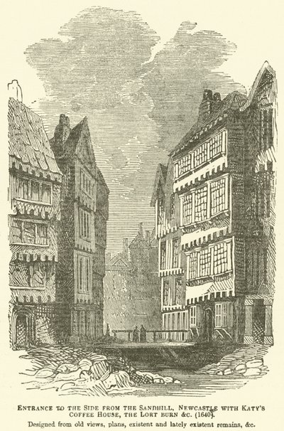 Inngang til siden fra Sandhill, Newcastle med Katys Coffee House, Lort Burn etc, 1640, designet fra gamle utsikter, planer, eksisterende og nylig eksisterende rester, etc. av English School