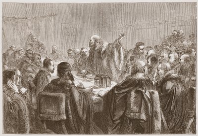 Episcopius henvender seg til medlemmene av synoden i Dort, illustrasjon fra The History of Protestantism av James Aitken Wylie (1808-1890), pub. 1878 av English School