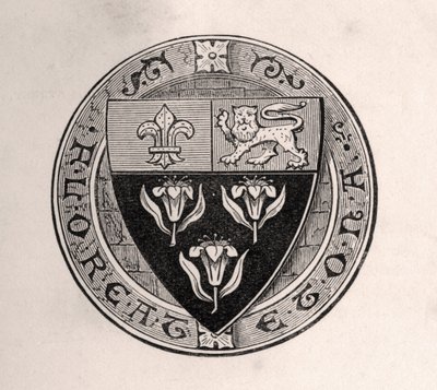 Eton-skjold lagt over roundel med skolemotto, illustrasjon fra Memoirs of Eminent Etonians, av Sir Edward Creasy publisert London 1876 av English School
