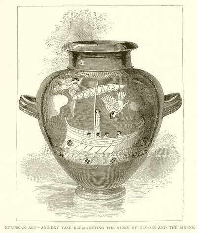 Etruskisk kunst - eldgammel vase som representerer historien om Ulysses og sirenene (gravering) av English School