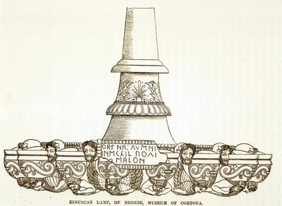 Etruskische Bronzelampe im Museum von Cortona (Gravur) (s/w Foto) von English School