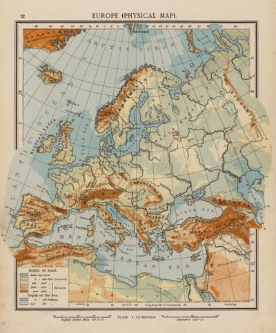Europa, fysisk kart (fargelitografi) av English School