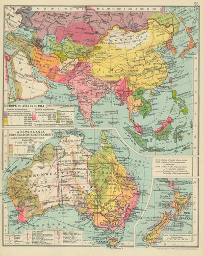 Europa i Asia frem til 1914. Australasia Exploration amp; Settlement (fargelitografi) av English School