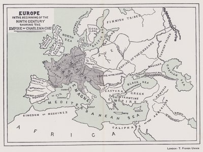 Europa, i begynnelsen av det niende århundre som viser Karl den stores imperium (fargelitografi) av English School