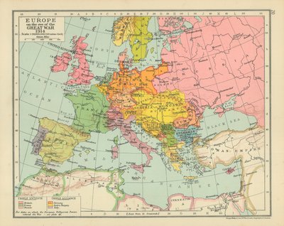 Europa på tampen av den første krigen 1914 (fargelitografi) av English School