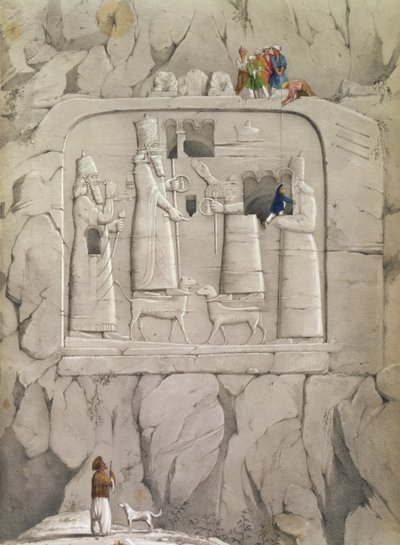 Undersøker en assyrisk klippeskulptur, fra "Oppdagelser i ruinene av Nineve og Babylon" av Austen Henry Layard av English School