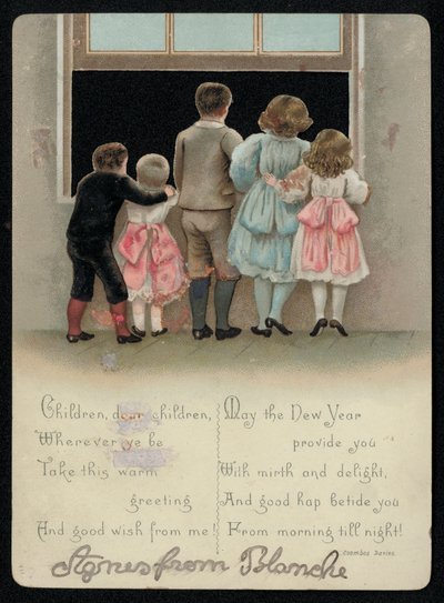 Spente barn ser ut av vinduet, nyttårs hilsen. (chromolitho) av English School