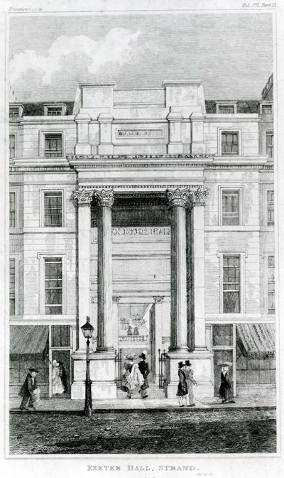 Exeter Hall, Strand, London fra Gentlemans Magazine av English School