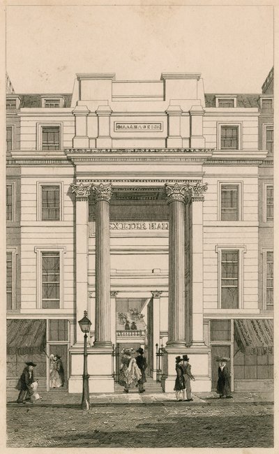 Exeter Hall, Strand, London; fra Gentlemans Magazine; bevis av English School
