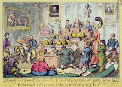 Exhibition Extraordinary in the Horticultural Room, etset av George Cruikshank (1792-1878), pub. av G. Humphrey, 1826 (farget etsning) av English School