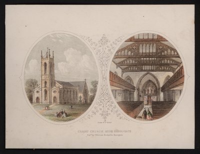 Utvendig og indre utsikt over Christ Church, Harrogate, Yorkshire (farget gravering) av English School