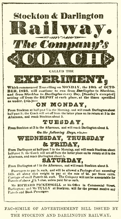 Fac-Simile of Advertisement Bill utstedt av Stockton og Darlington Railway av English School