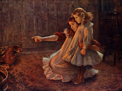 Faces in the Flames: kvinne og barn ser inn i en ild (farge litho) av English School