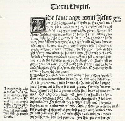 Faksimile av St. Matthews Evangelium, kapittel XIII, vers 1-15, fra Tyndales Testament, illustrasjon fra The History of Protestantism av James Aitken Wylie (1808-1890), pub. 1878 av English School