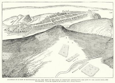 Faksimile av et utsyn over Edinburgh i 1544, hvor jarlen av Hertfords hær nærmer seg byen via Calton Hill og Watergate (gravering) av English School