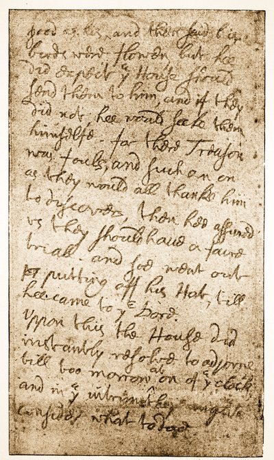 Faksimile av en side med Sir Ralph Verneys notater om Long Parliament fra Memoirs of the Verney Family (sepia-bilde) av English School