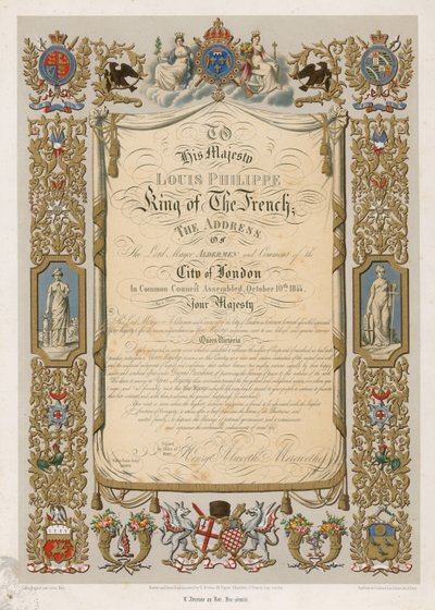 Faksimile med adresse fra Lord Mayor til Louis Philippe, konge av Frankrike, 10. oktober 1844 av English School