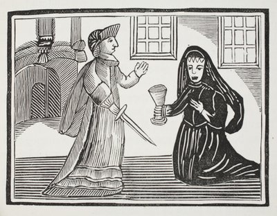 Fair Rosamond blir forgiftet av dronning Eleanor, illustrasjon fra Chap-books of the Eighteenth Century av John Ashton, pub. 1882 av English School