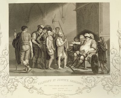 Falstaff ved Justice Shallows, i Henry IV (Del 2) Act III Scene 2, av William Shakespeare (1564-1616) av English School