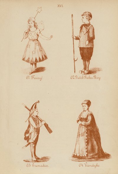 Kostymer: Fe, nederlandsk fiskergutt, grenadier, Vandyke (litografi) av English School