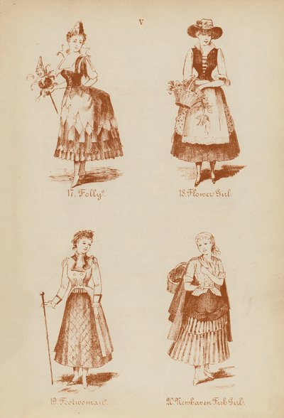 Fancy dress-antrekk: Folly, Flower Girl, Foolwoman, Newhaven Fish Girl (litho) av English School
