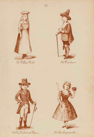 Fancy dress-antrekk: Pillar Post, Puritan, Old Fashioned Bean, Harlequinette (litho) av English School