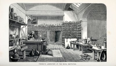 Faraday's Laboratory ved Royal Institution, pub. 1870. av English School