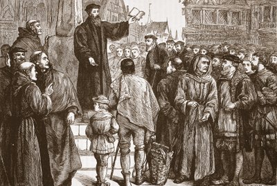 Farel forkynner på markedsplassen til Neuchatel, illustrasjon fra The History of Protestantism av James Aitken Wylie (1808-1890), pub. 1878 av English School