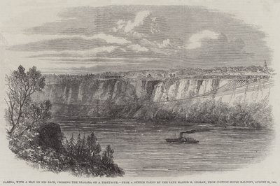 Farina, med en mann på ryggen, krysser Niagara på en stram tau, fra Clifton House Balcony, 29. august 1860 (gravering) av English School