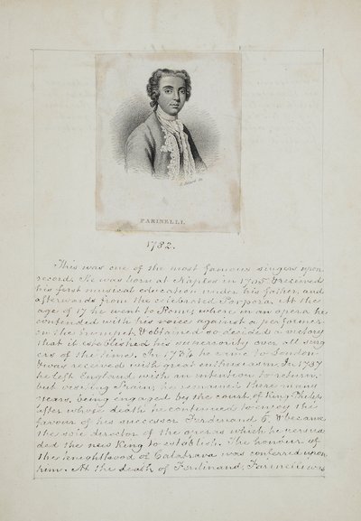 Farinelli, gravert av Henry Adlard (fl.1828-69), ca. 1830 (gravering & penn og blekk på papir) av English School