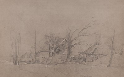 Gårdsbygninger ved en elvebredd, ca. 1840 av English School