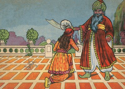 Fatima kneler foran Blåskjegg (fargelitografi) av English School