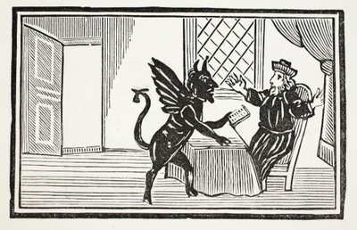 Faustus advart av Ånden om å forvente hans slutt, illustrasjon fra Chap-books of the Eighteenth Century av John Ashton, pub. 1882 av English School