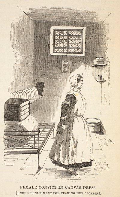 Kvinnelig domfelt i lerretskjole (under straff for å ha revet klærne hennes), illustrasjon fra The Criminal Prisons of London og Scenes from Prison Life av Henry Mayhew og John Binny, pub. 1862 (eng av English School
