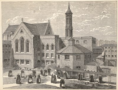 Kvinnelige domfelte som trener i luftegården i Brixton Prison, illustrasjon fra The Criminal Prisons of London og Scenes from Prison Life av Henry Mayhew og John Binny, pub. 1862 av English School
